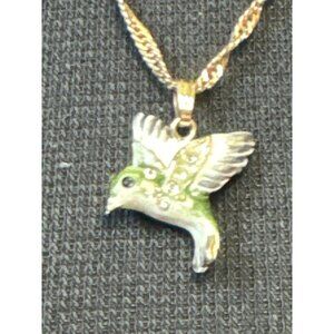 Enameled and Rhinestone Encrusted Hummingbird Necklace 20 inch Chain